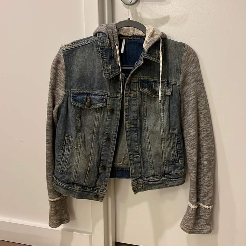 Distressed denim sweatshirt jacket
